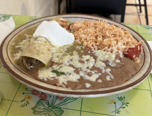 Shredded beef enchilada with green sauce