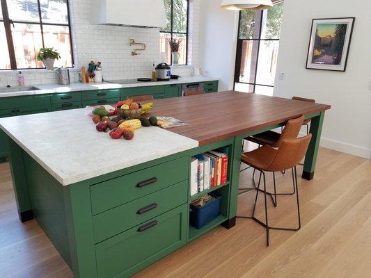 Walnut table with built in bookcase and cabinets