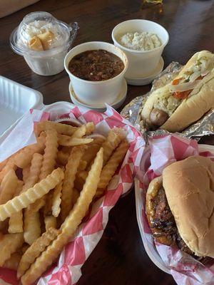 Fries, brisket sando, brisket beans, tater salad, das brat! And of course a strawberry cheesecake.