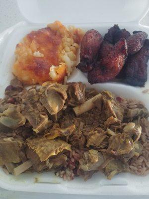 Red beans and rice with stewed  goat, macaroni and  cheese, and fried plantains for only $17 (this is the large plate)