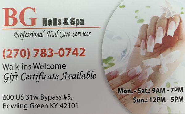 BG nails & spa  Discount 10% off for all services ( don't except polish change service)