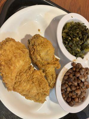 Fried chicken boneless breast and bone-in drumstick; crowder peas, collard greens