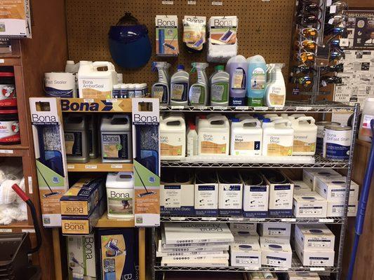 The full lineup of Professional Bona wood floor finishes and care products.