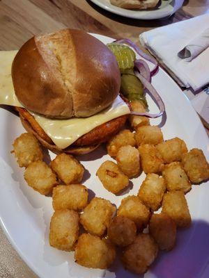 Chicken sandwich + cheese w tots