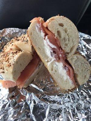 Lox bagel (cream cheese, lox, capers, onions)