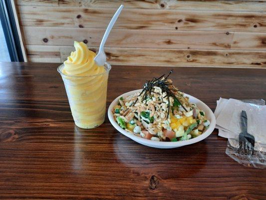 Salmon, Spicy Tuna, Shrimp Ceviche Poke Bowl with Pineapple Mango Dole Whip