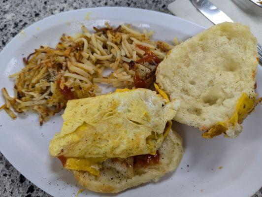 Close up, hash browns weren't cooked extra crispy, as I requested, but whatever.