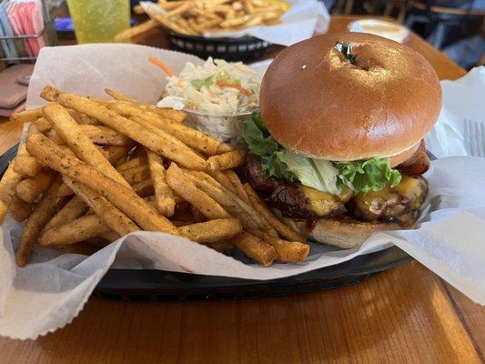 BBQ burger, fries, extra side of coleslaw.