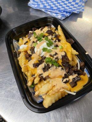 Teriyaki Beef Fries-Fries topped with Nacho cheese,Chopped Teri Beef,Sour cream,Kim Chee Special sauce, Green onions.