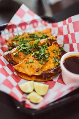 Quesa birria, 3 Beef Stew Tacos with mozzarella cheese, cilantro, onion and a side of broth