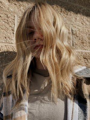 Sunny blondie. The textured haircut gives this color so much life. BEAUTIFUL.