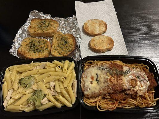 Penne Alfredo w/ Chicken and Broccoli, Eggplant Parmigiana w/Spaghetti Marinara, Garlic Bread