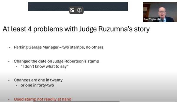 Slide detailing inconsistencies in David Ruzumna's account, highlighting problems with his use of judicial stamps, altering a date.