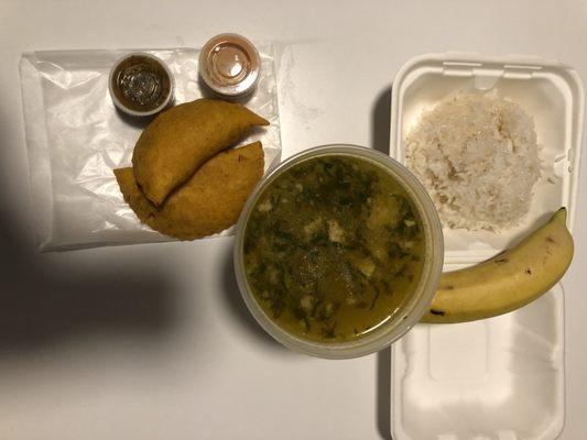 Sopa de Mondongo(tripe soup), beef & chicken empanada