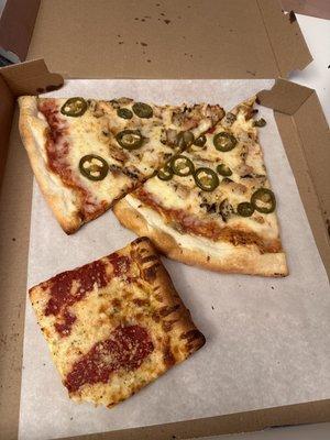 Two chicken jalepeno slices and one square slice