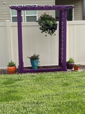 Orange pots, purple pot to complement our revisioned arbor.