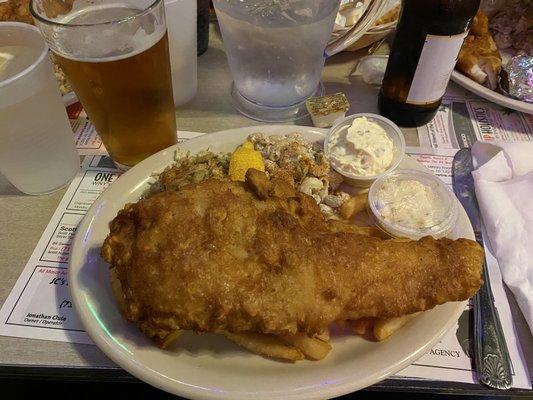 Fish fry, fries, Mac salad, and Mayo based coleslaw.