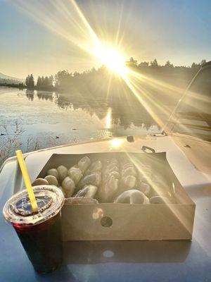 Iced coffee and a box of delicious OJ Donuts enjoyed at sunrise by Big Bear Lake--pure bliss!