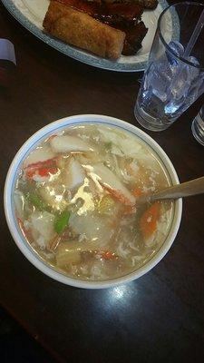 Seafood soup, the bowl is huge and the seafood is a generous portion of shrimp, scallops, crab and crawfish.