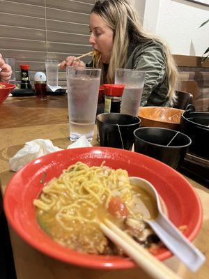 yum spicy veggie noodle soup the broth Veggies so Good !