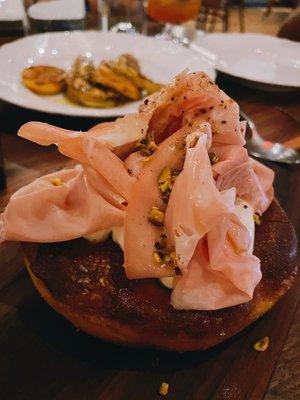 Durum focaccia, ricotta, mortadella, pistachio