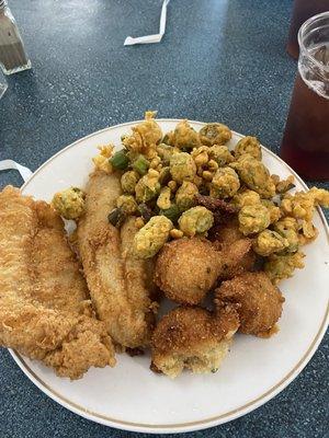 Catfish, hush puppies, okra