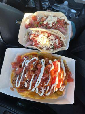 Top: Brisket tacos Bottom: pulled pork nachos