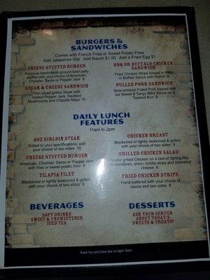 The lunch menu on back.