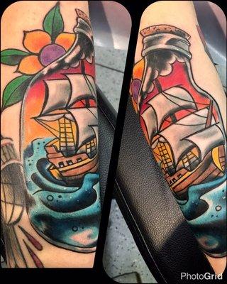 A #neotraditional ship in a bottle tattoo I started recently.