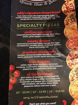 Pizza menu. Only available at Elkhorn location