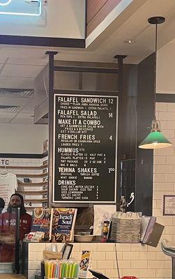 Menu- falafel sandwich, falafel salad, make it a combo, French fries, hummus, tehina shakes, drinks