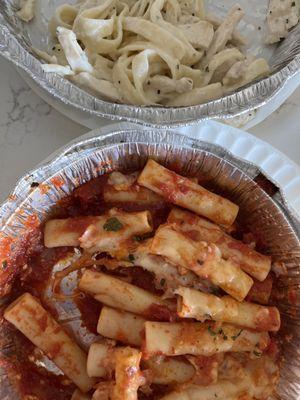 "Baked ziti" and chicken Alfredo