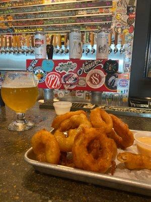 Delish onion rings and the best sriracha aioli, it goes really well together