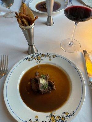 Stone Creek Farms Seared Waygu Beef with Pomme Frites, Black Garlic Butter and Red Beet Reduction