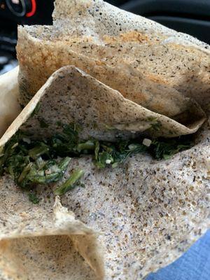 Inside of spinach artichoke mushroom crepe