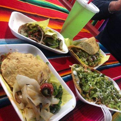 Clockwise from bottom. Mulita. 2 keto tacos. Quesadilla. Tlacoyo. Limón chia water.