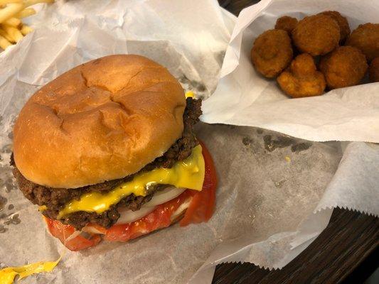 Double cheeseburger with fried mushrooms