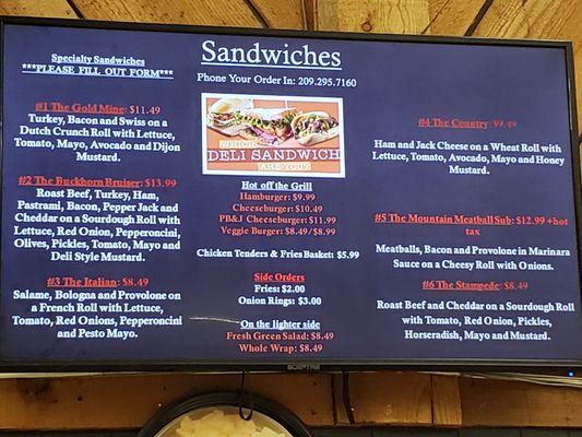 standard sandwich menu as of 12/30/2023. custom sandwiches can be made too! The Buckhorn Bruiser & Stampede are awesome!