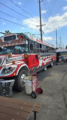 The Taco Bar Bus is pretty darn big, and colorful. Specially designed and built in south America.