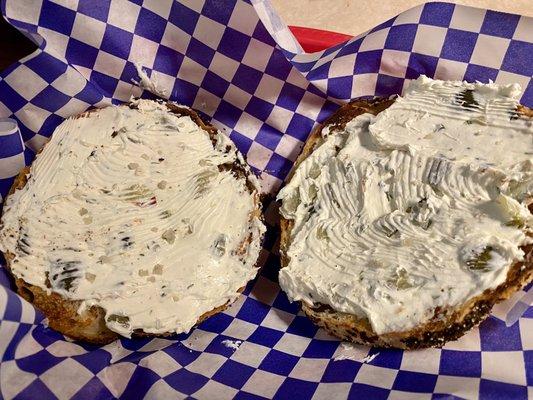 Seaweed bagel with dill pickle cream cheese