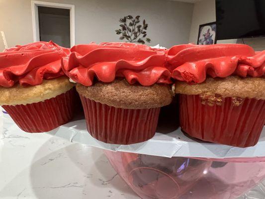 Burnt cupcakes next to first cupcake the way it should had looked