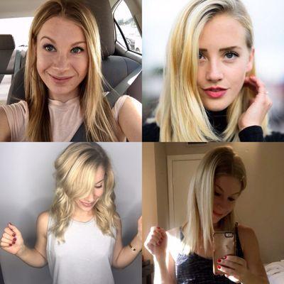 Top Left: Starting Point Top Right: Desired Style & Color Bottom Left: Post-Color & Cut styled curly Bottom Right: Styled straight