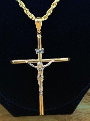 14K Yellow Gold 24" Rope Chain with 14k Two-Tone Polished Crucifix Pendant