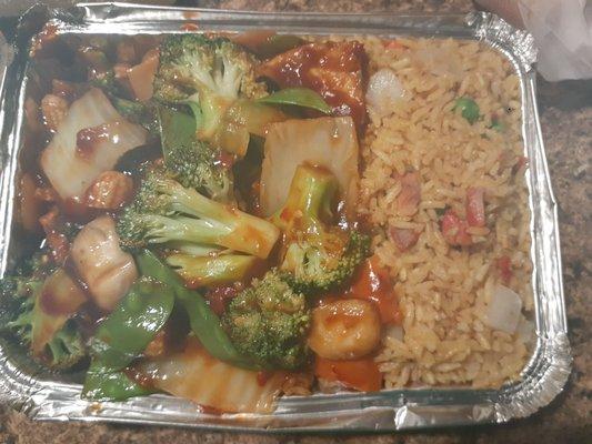 Possible GrubHub error, but disgusting nonetheless. HALF an order of Szechuan tofu with pork fried rice? in the same container.