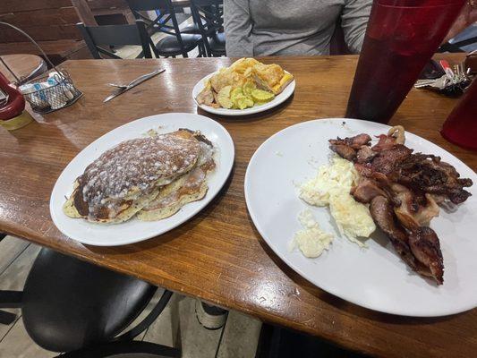 Blueberry Glazed Donut Pancakes, Egg Whites, Bacon, Turkey Melt