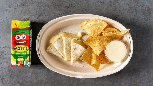 A delicious kid's meal with cheese quesadillas, tortilla chips, a side of queso, and a refreshing Mott's apple juice - a fun, balanced treat