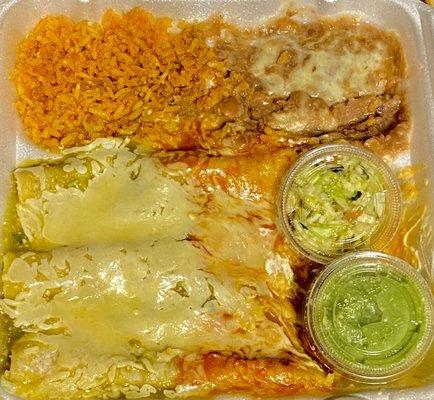 Enchilada dinner 2 grilled chicken 1 cheese with both red & green sauce