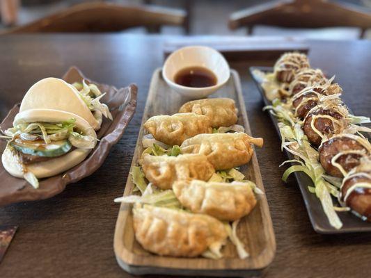 Left to Right:  Pork Steamed Bun  Gyoza  Takoyaki