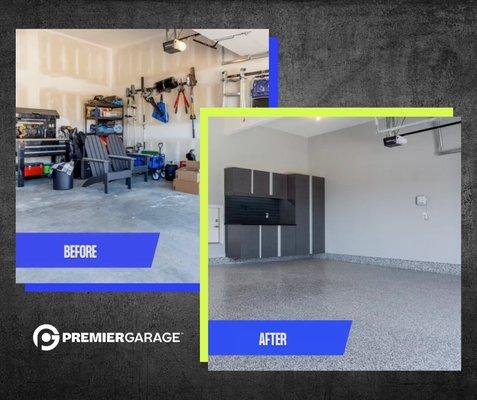 Garage glow up! We can take a space from cluttered chaos to sleek sophistication in no time.