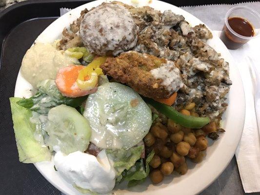 Combo Madness featuring Chicken Shawarma, Rice, Hummus, Salad, Falafel and choice of either green beans or chickpeas = $10!